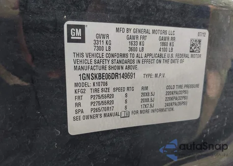 2013 Chevrolet Tahoe K1500 Lt z USA, uszkodzony, nr VIN 1GNSKBE06DR149691